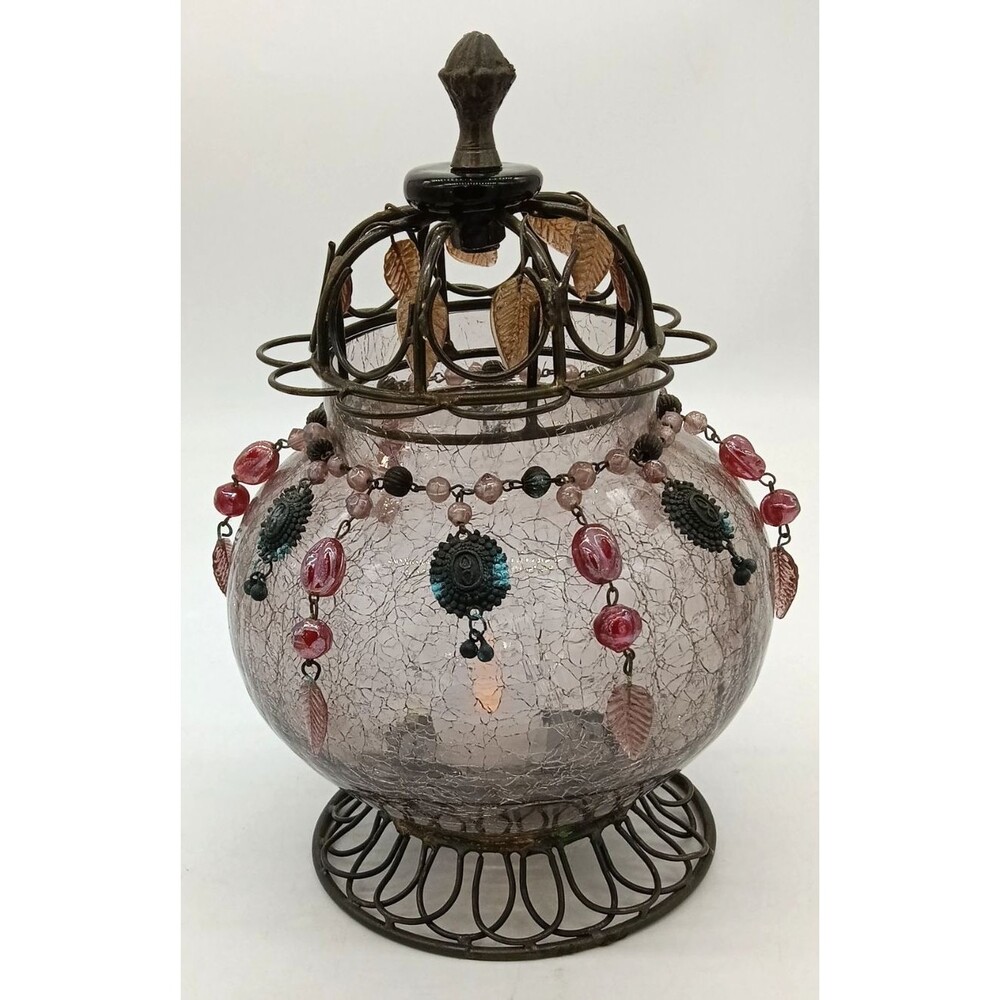 Purple Crackle Glass & Metal Beaded  Candle Potpourri Holder Boho 10"